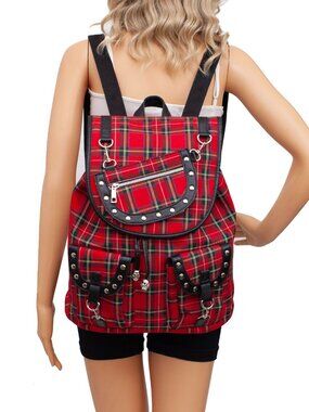 Banned Alternative Red Tartan Backpack Studded Skull Punk Goth Plaid Bag